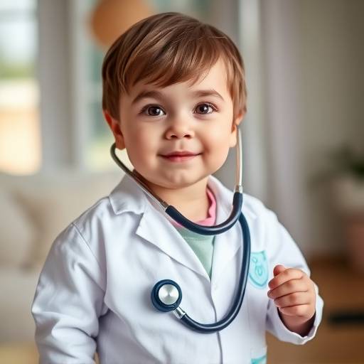 A child pretending to be a doctor with a toy stethoscope