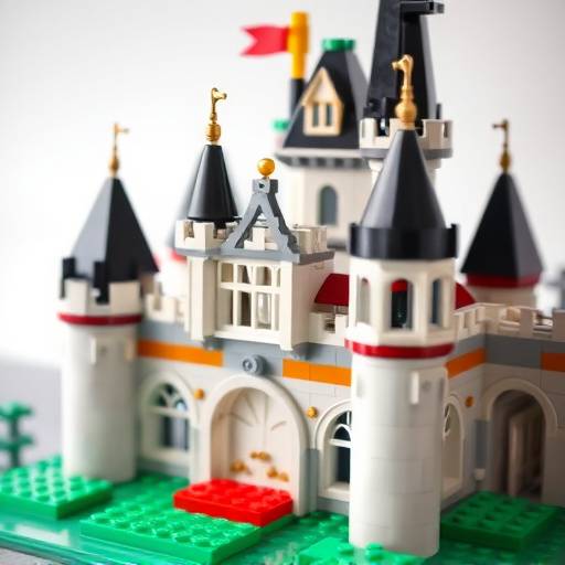 A close-up shot of Lego bricks being assembled to create a castle.