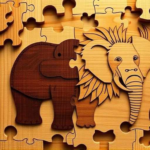 A collection of wooden puzzles with animal themes, including a bear, lion, and elephant.