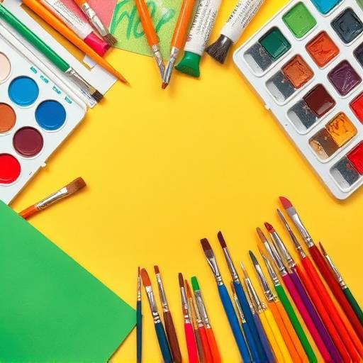 A set of colorful art supplies, including paintbrushes, watercolors, and construction paper.