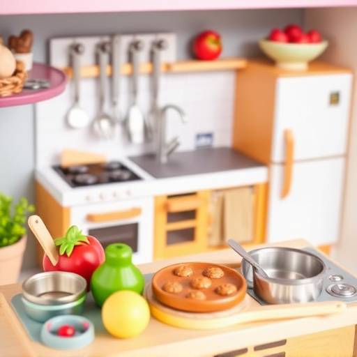 A toy kitchen set with cooking utensils and miniature food items.