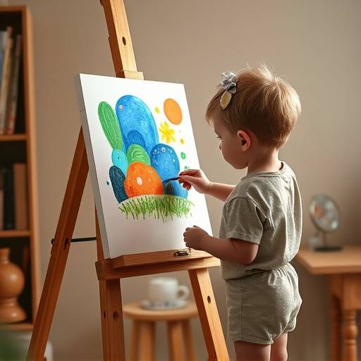A wooden easel with a child painting a picture on it