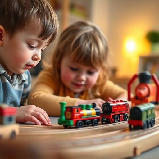 Children playing with a miniature train set on a wooden track